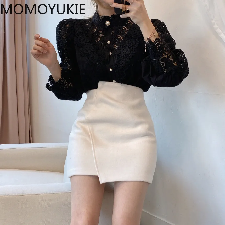 Женская кружевная блузка с длинным рукавом белая ажурная офисная цветочным