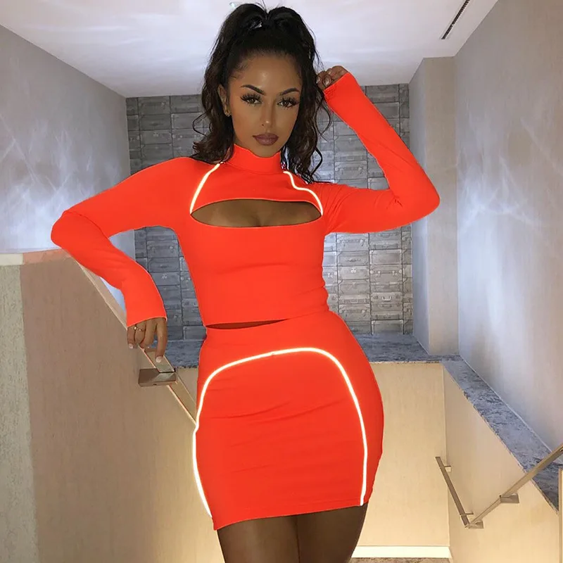 Ropa De Mujer 2020 Reflective Striped Neon Two Piece Skirt Set Sexy Club Women Matching Sets Festival Clothing |