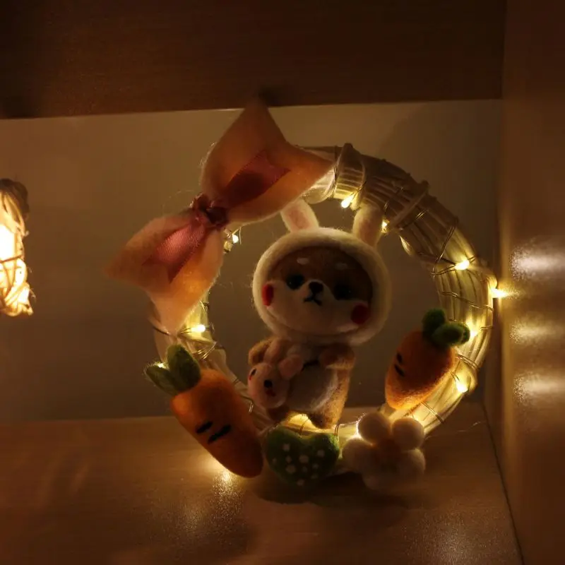 Кролик Кукла ротанга кольцо с светодиодный светильник DIY не готовая шерсть фетр тыкается ручной работы ремесло набор для пакет для игл посылка