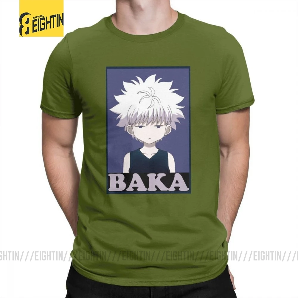 Охотник х Хантер футболки Killua Zoldyck Baka классический комикс о-образный вырез с коротким рукавом классический крой Чистый хлопок футболки мягкие мужские футболки - Цвет: Армейский зеленый