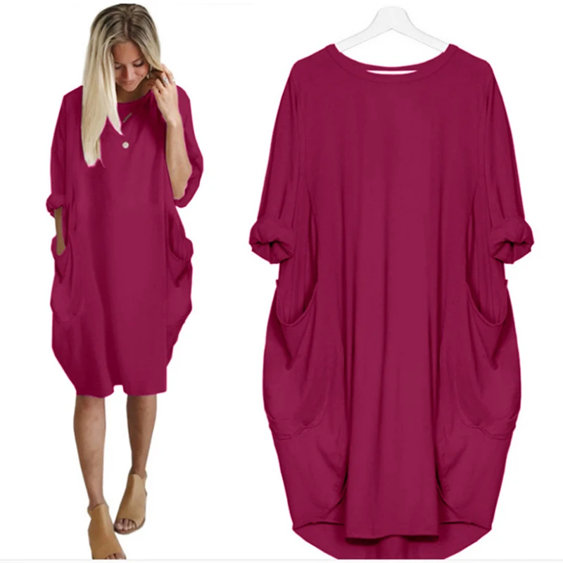 

2021 Spring Autumn Women O Neck Loose Party Dress Long Sleeve Mini Dress Red Casual Solid Beach Dresses Plus Size 5XL