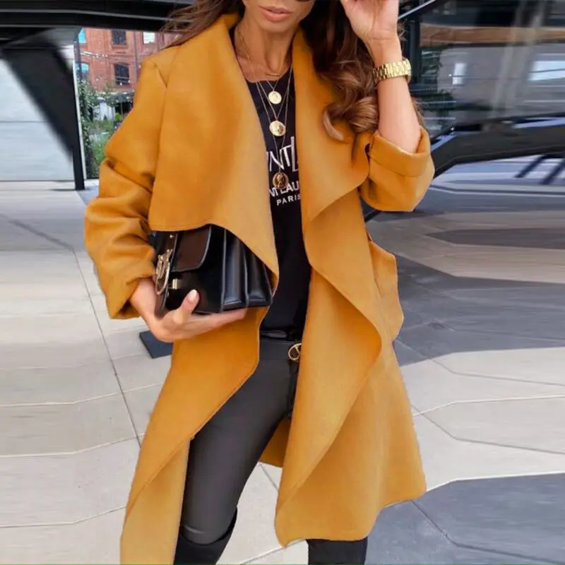 

Кардиган женский шерстяной с поясом, элегантный повседневный однотонный кардиган с большими лацканами, модная верхняя одежда с длинным рук...