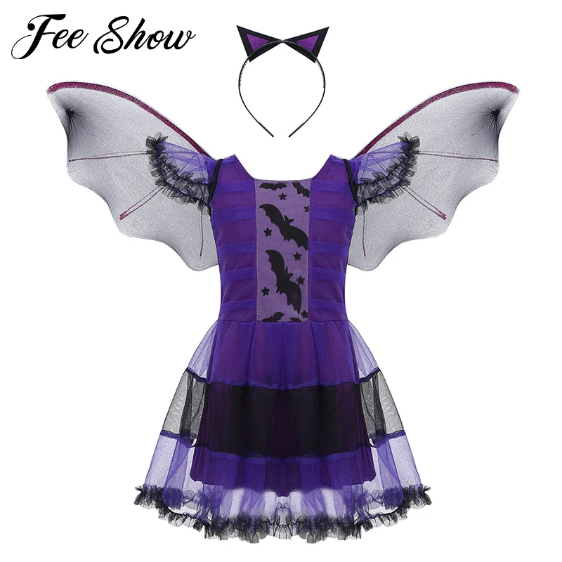 Детское платье Летучая мышь FEESHOW для девочек фиолетовое принцессы с повязкой на