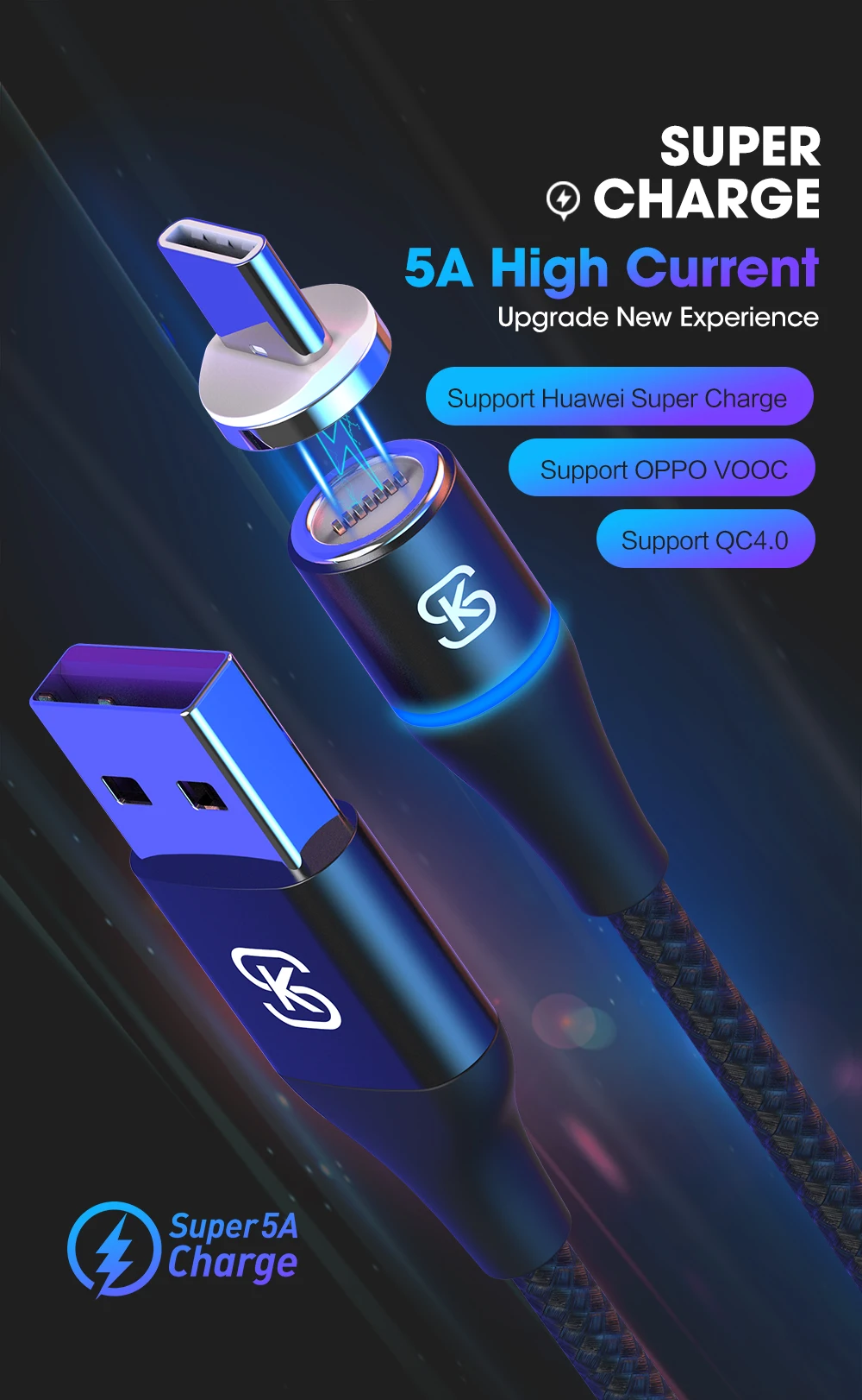 Магнитный кабель 2 м, 3 А, быстрая usb зарядка, Тип C, для телефона, вращение на 360, магнитный кабель для передачи данных для Iphone X XR, зарядное устройство для samsung SIKAI