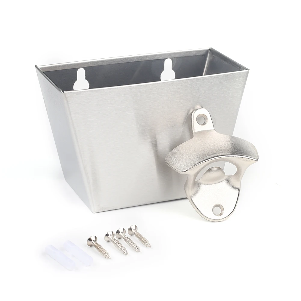 

1PC Wall Mounted Bar Beer Bottle Opener with Screws Cap Catcher Box stainless steel