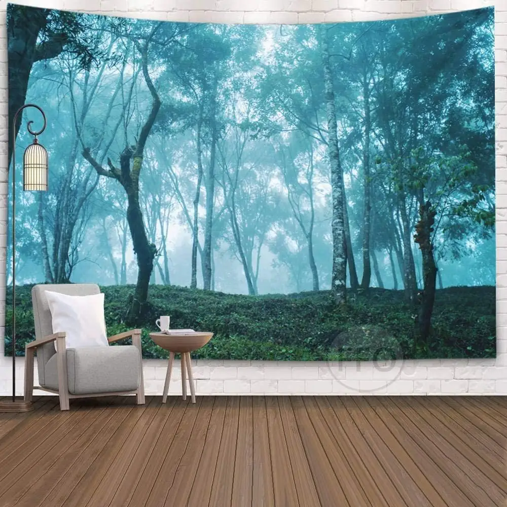 Psychedelic Foggy Forest Tapestry Aesthetic Room Decor Landscape Tapestry Bedroom Dorm Wallpaper Decoration Background Cloth