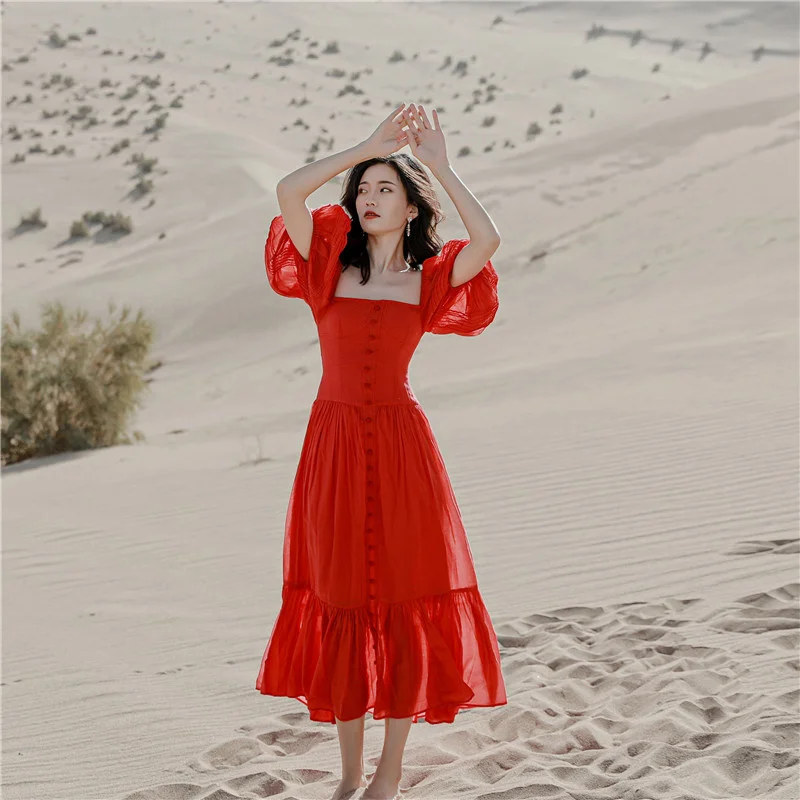 

2021 newSanya beach skirt women's court style square collar dress seaside tourism holiday long skirt