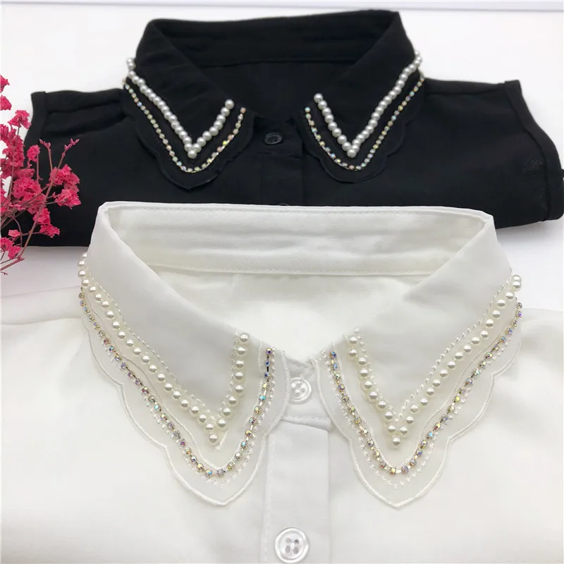 

Sitonjwly Vintage Shirt Detachable Collars Women White Tops Fake Collar Handmade Beading Lapel Half-Shirt Necklace False Collar