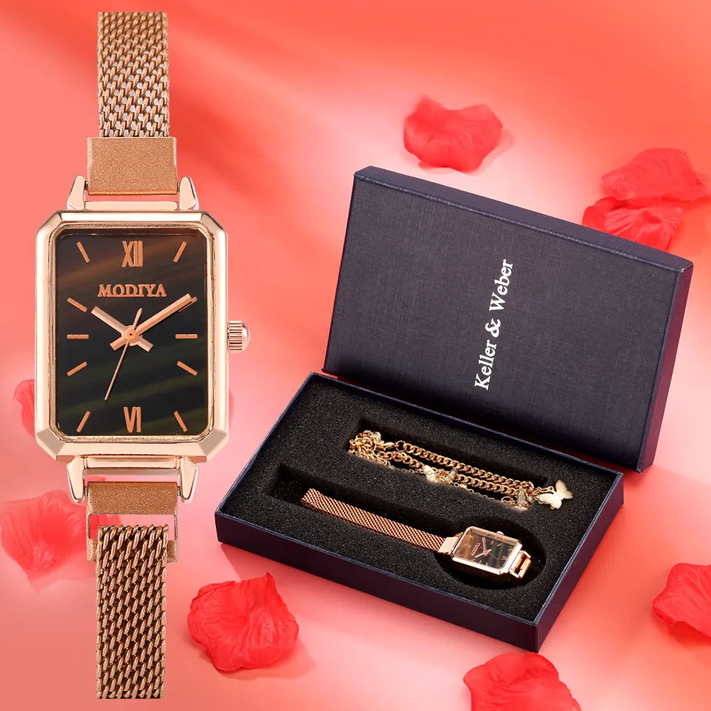 

Luxury Women Watches Gift Box Simple Rose Gold Mesh Lady Watch Fashion Quartz Watch Bracelet Set Silver Dial