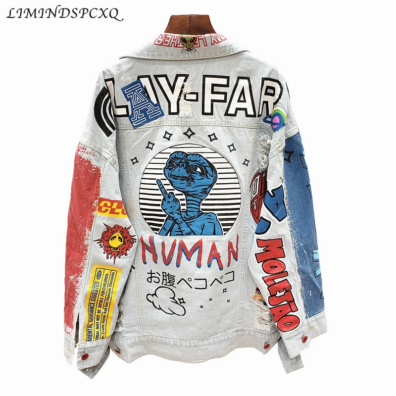 

Spring And Autumn Punk Style Graffiti Printing Denim Jacket Women Hip Hop Jean Jackets And Coats Letters Kurtka Jeansowa Damska