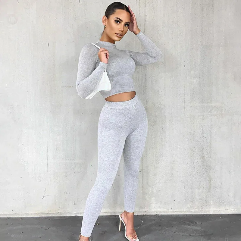 

2020 New Autumn Women Suit Hot Style Model Solid-color Long Sleeves Crop Tops & Trousers European and American 2 Piece Set