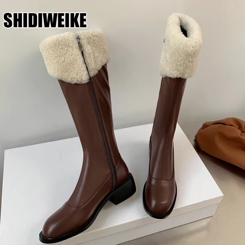 

High Snow Boots Woman Shoes Waterproof Leather Knee-length Boots Female Fashion Fur Warm Plush Winter Long Boot Ladies Brown