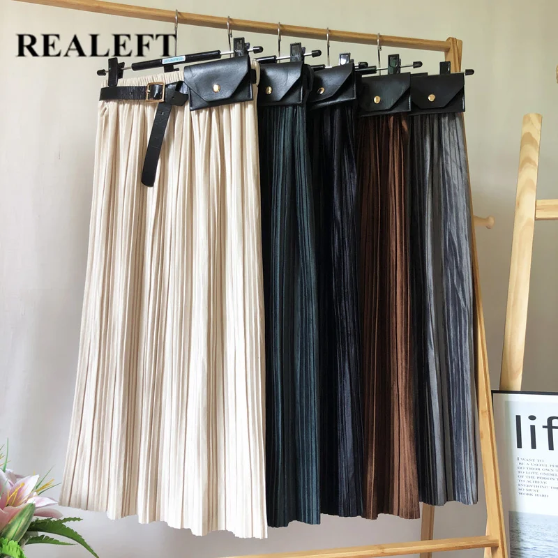 

REALEFT New 2021 Autumn Winter Velvet Skirts with Belt High Waist Women's Pleated Long Skirts Chic Korean Style Skirts Female