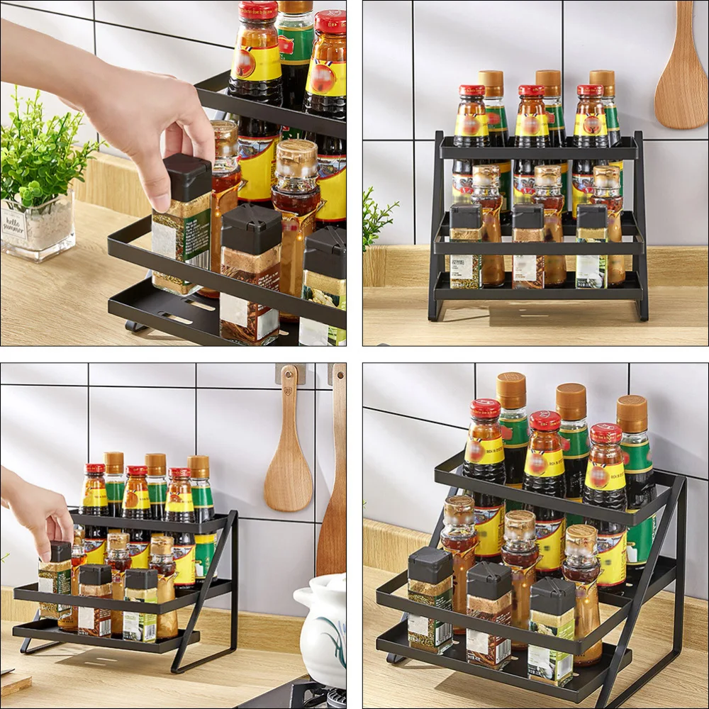 

1pc Kitchen Seasoning Storage Holder Spice Rack T-tier Kitchen Rack (Black)