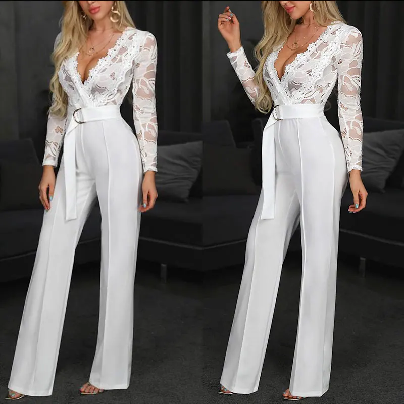 

2021 New Jumpsuits for Women Lace Stitching Long Sleeve V-neck Sexy Wide Leg Long Pants White Office Lady Plus Size Jumpsuit