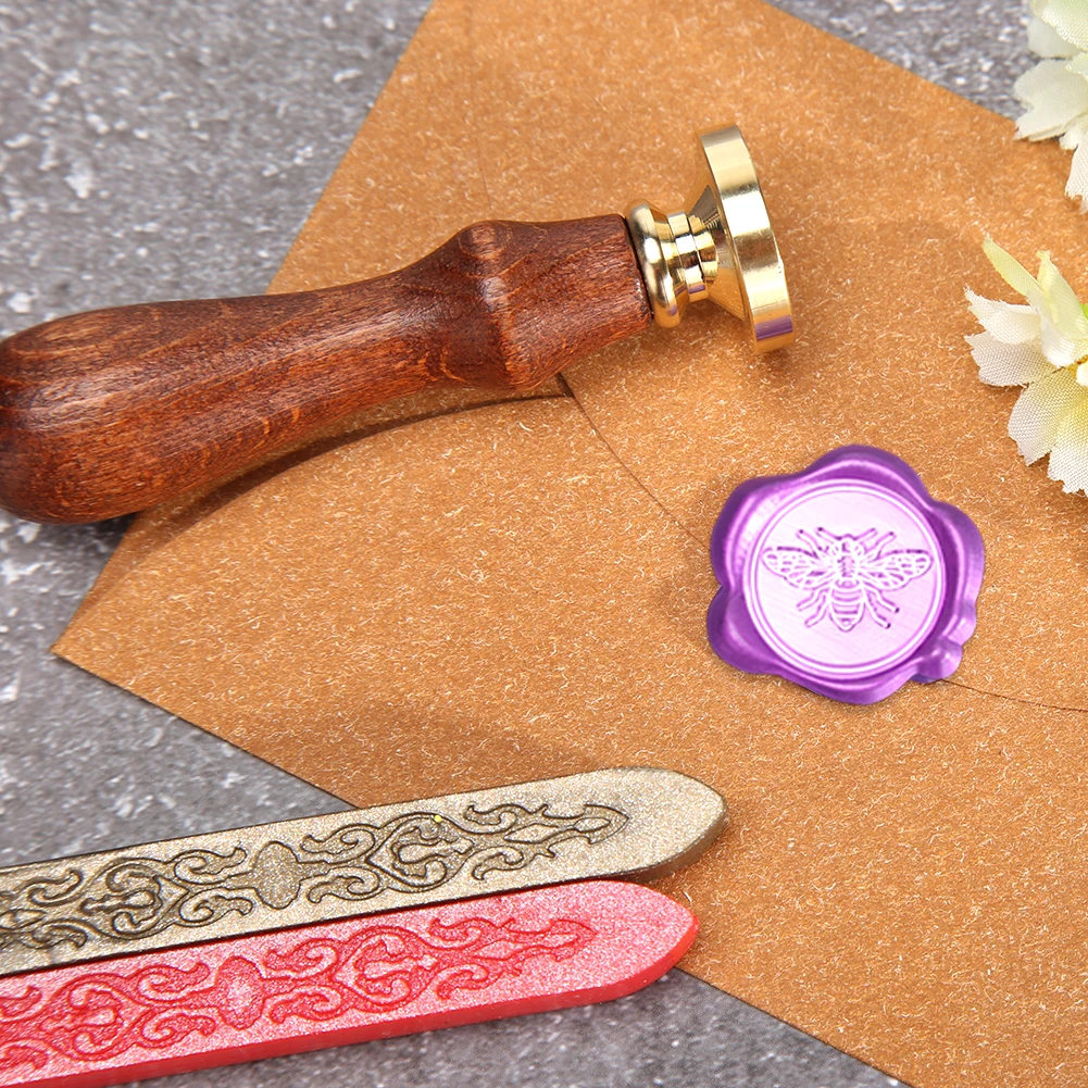 

Gold-plated Brass Head Retro Retro Wax Seal Stamps Wooden Handle ealing Wax Spoon Wax Bead Sticks DIY Envelope Wax Seal Stamp