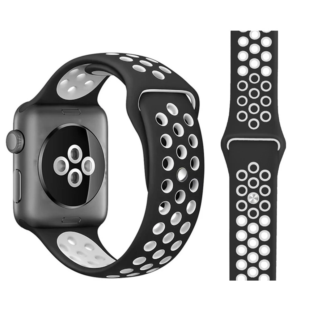 Black with white Ремешок для Apple Watch, мягкий силиконовый сменный Браслет серии 5, 4, ремешок для часов 44 мм, 40 мм, iwatch, ремешок серии 1, 2, 3, 38 мм, 42 мм - Цвет ремешка: Black with white