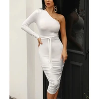2021 women elegant fashion sexy white cocktail club party slim fit dresses one shoulder belted ruched design bodycon midi dress