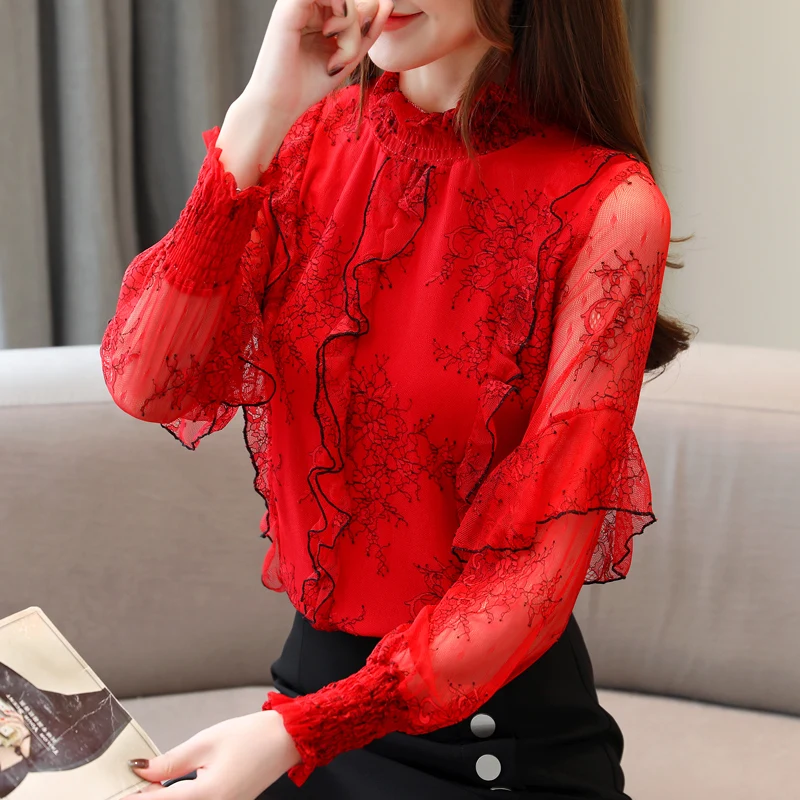 

Women Blouses 2019 Autumn Fashion Turtleneck Long Sleeve Ruffles Lace Blouse Women Shirts Korean Plus Size Casual Blusas Mujer