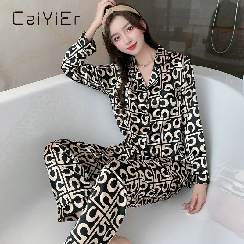 

CAIYIER Spring&Autumn&Winter New Luxury Style Pajamas Natural Silk For Women Full Sleeve HomeWear Suit Printed Silk Pyjama Femme