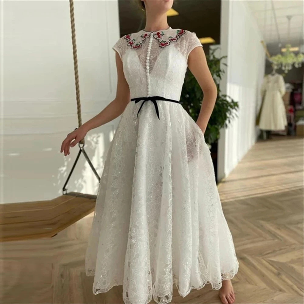 

SISTER Vintage Ivory Lace Prom Dresses A Line Ankle Length Homecoming Party Gown Cap Sleeves Jewel Neck Buttons Front Sash 2022