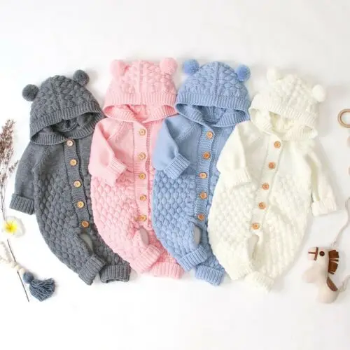 0-24M Newborn Baby Knitted Sweater Jumpsuits Autumn Winter Soft Warm Romper Boys Girls Hooded Bear EarJumpsuits Jackets