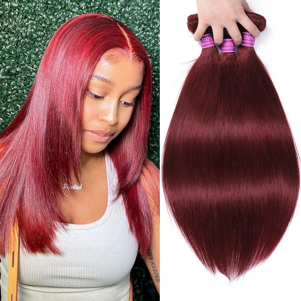 

Straight Ombre Human Hair Weave 3/4 Bundles Brazilian Hair Weave Bundles 10-24 Inches Remy 99j Burgundy Human Hair Extensions