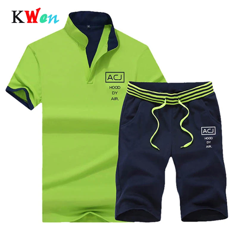 

Fitness Suits Summer 2PC Top Short Set Mens Stand Collar 2019 Fashion 2 Pieces T-shirt Shorts Tracksuit Brand Sportsuits Set Men