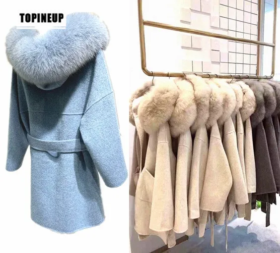 

Korea style female long double-sided fur coat loose with fur collar soft double-sided wool outwear with belt for women