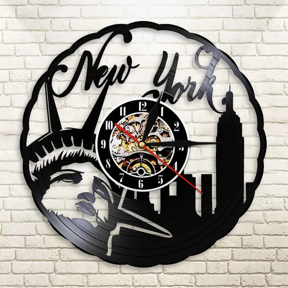 Винтажные настенные часы с виниловой пластиной Нью Йорка NYC изображением статуи