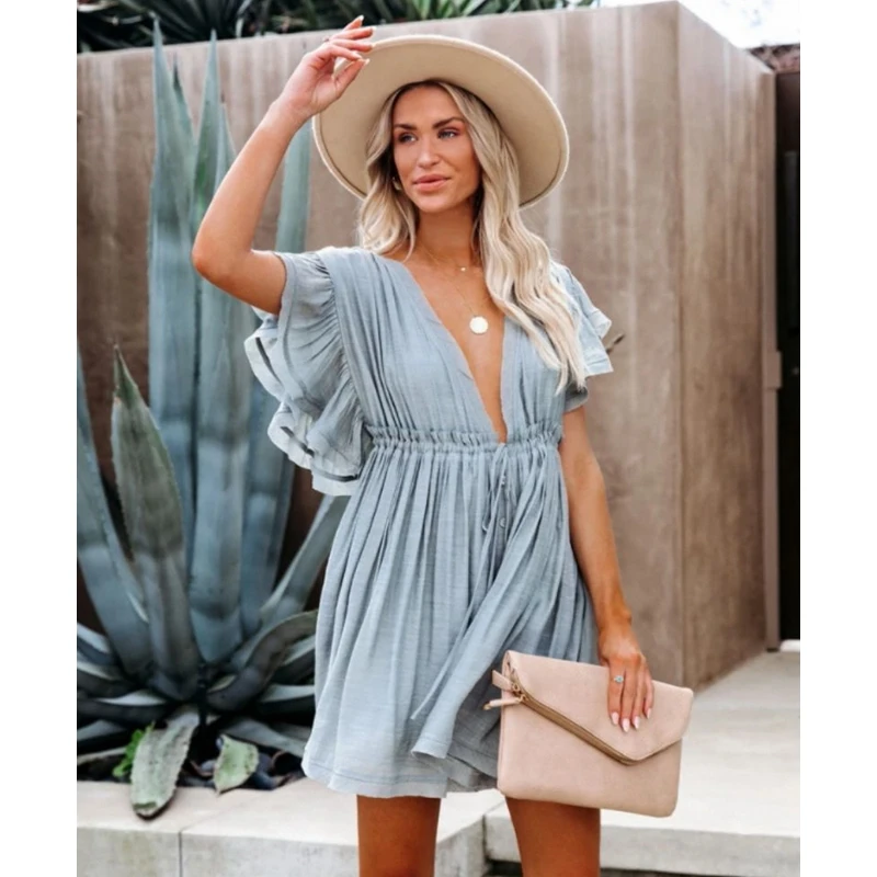 

WEPBEL Dress Women's Sexy Single-Breasted Stitching Dress Summer Solid Color Short Ruffle Sleeve High Waist V-neck Pleated Dress