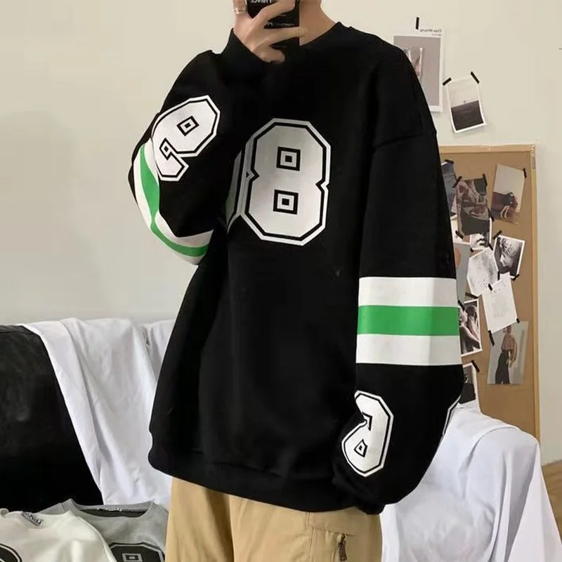 

Vintage Hip Hop Pullover Patchwork Oversized Sweatshirt Men Women Black Casual High Street Unisex Autumn Sports Student Fashion