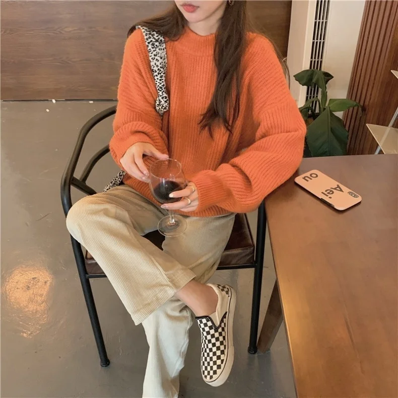 

CMAZ Orange Sweater for Women Fall and Winter Outer Wear New Loose Show