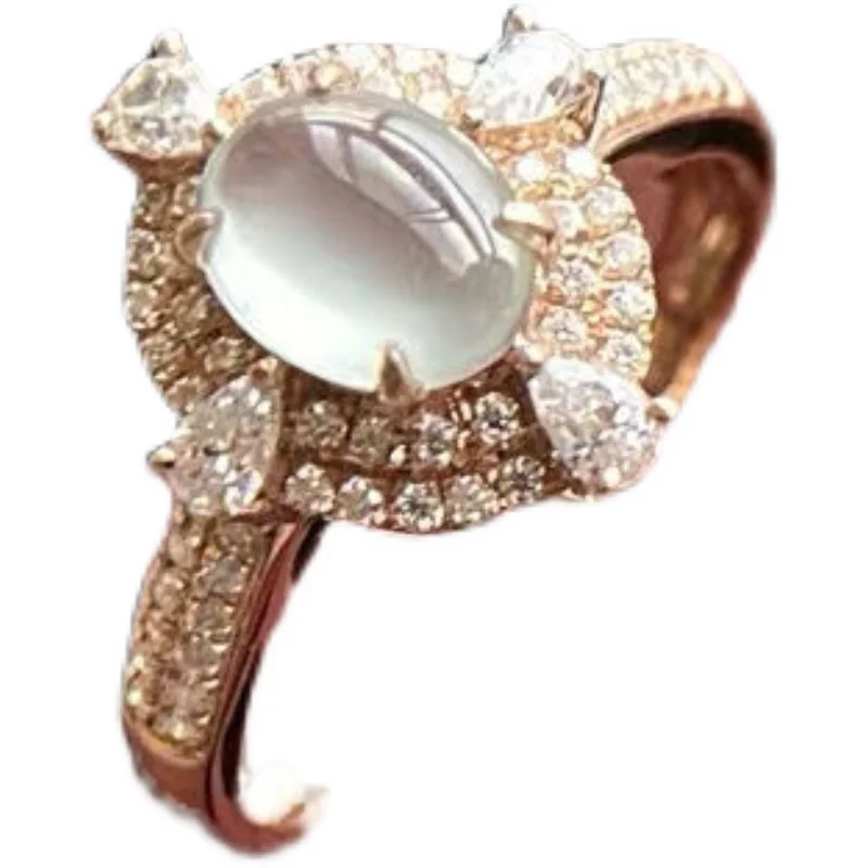 

S925 Sterling Silver High Ice Chalcedony Egg Surface Jade Ring Girls Delicate Hand Inlaid Open Mouth for Girlfriend Confession