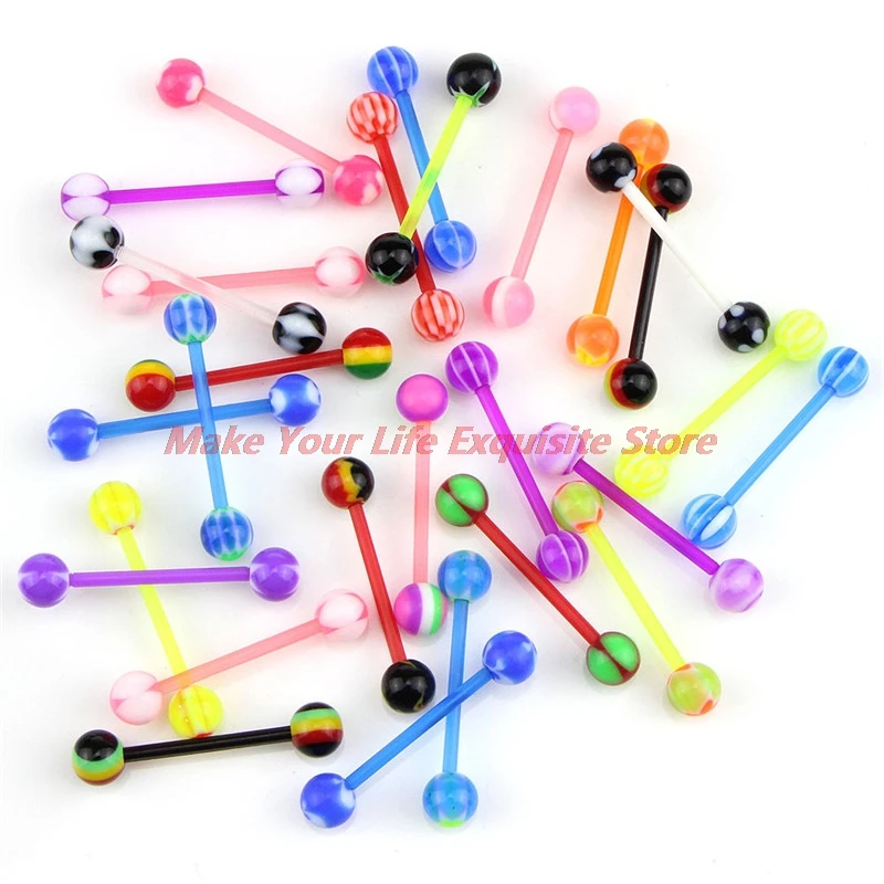 

New 20pcs/lot Multicolor Women Acrylic Ball Barbell Tongue Rings Fashion DIY Bars Piercing Colorful Jewelry