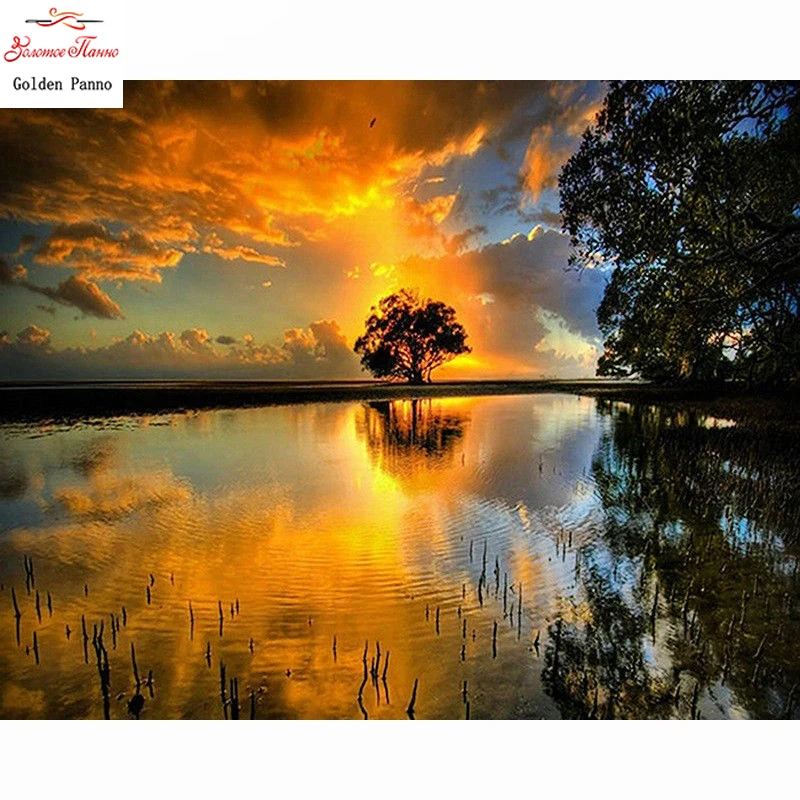Sunset Tree Lake Scenic Mosaic DIY diamond Painting  Cross Stitch Decorative diamond embroidery Square Rhinestone