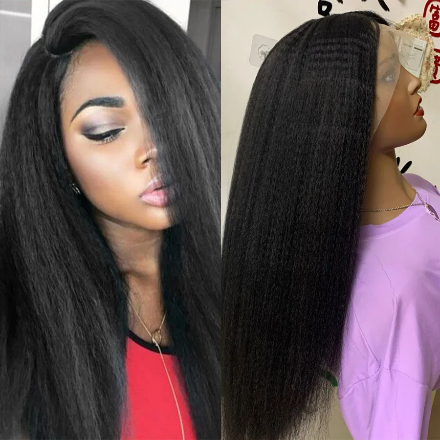 

Натуральные черные Yaki 180% Плотность 26 дюймов длинные курчавые прямые синтетические парики на сетке спереди парик для женщин детские волосы ...