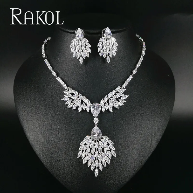 RAKOL High Quality Blue Zirconia Rhinestone Fashion Jewellery Wedding Jewelry Sets Long Crystal Drop Bridal Necklace And Earring | Украшения