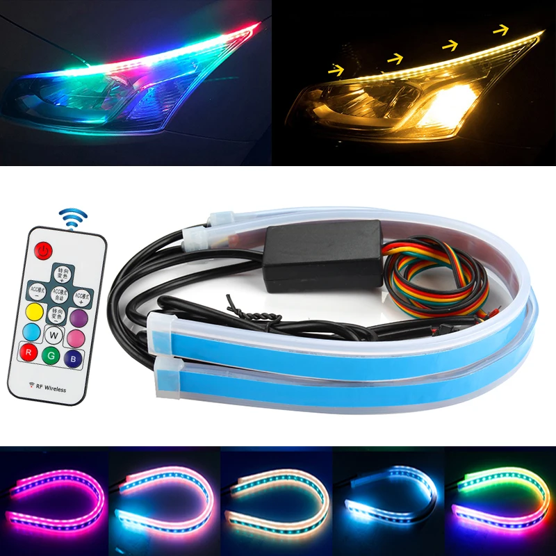 

OKEEN 2x 60CM RGB Slim Sequential Flexible LED DRL Turn Signal Strip Remote Headlight LED Daytime Running Strip Light 12V Car
