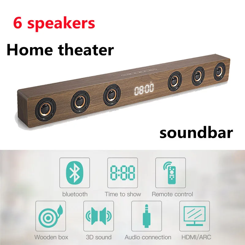 

Home Theater Echo Wall TV Soundbar 30W High Power Bluetooth Speaker 6 Speakers 3D Wooden Subwoofer Sound Box with Clock Boombox