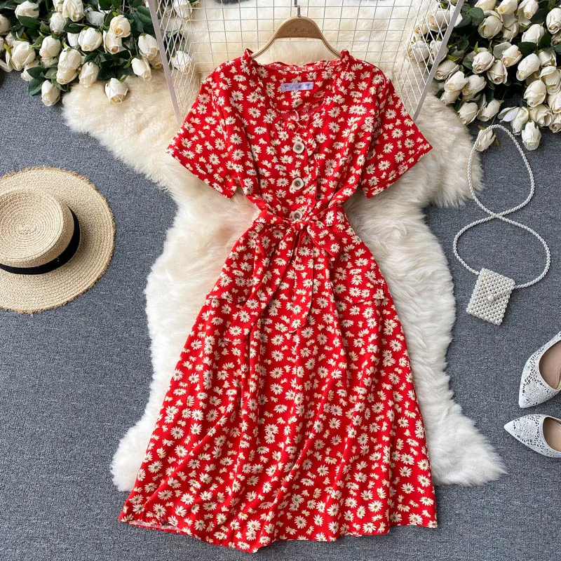 

Vintage v neck print dress button short sleeves dress summer waist sweet temperament puff sleeves long dress 2021 vestido