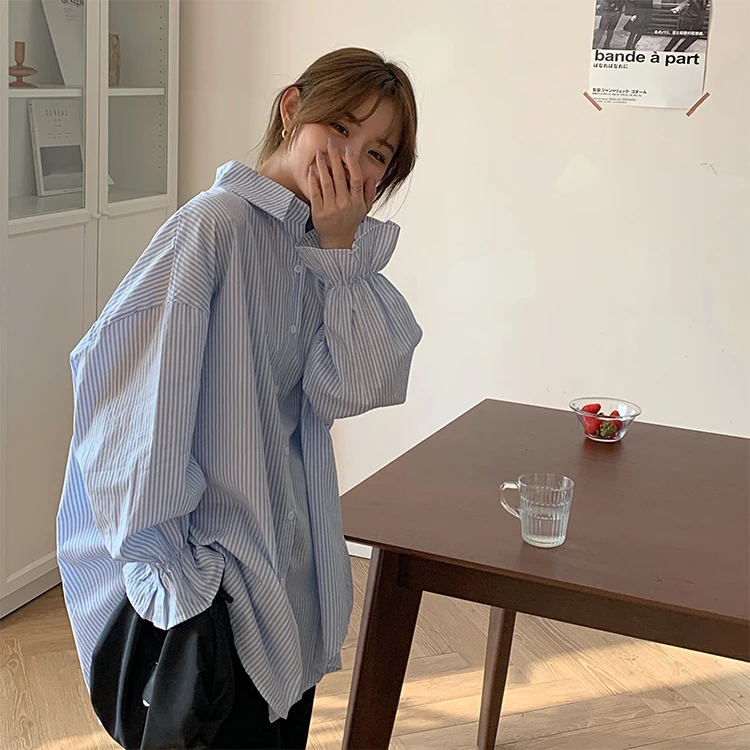 

Twicefanx Button Up Blouse Women Female Casual Blouse Shirts chic Long sleeve Stripe Loose shirt Women Office Lady Blusas 725F