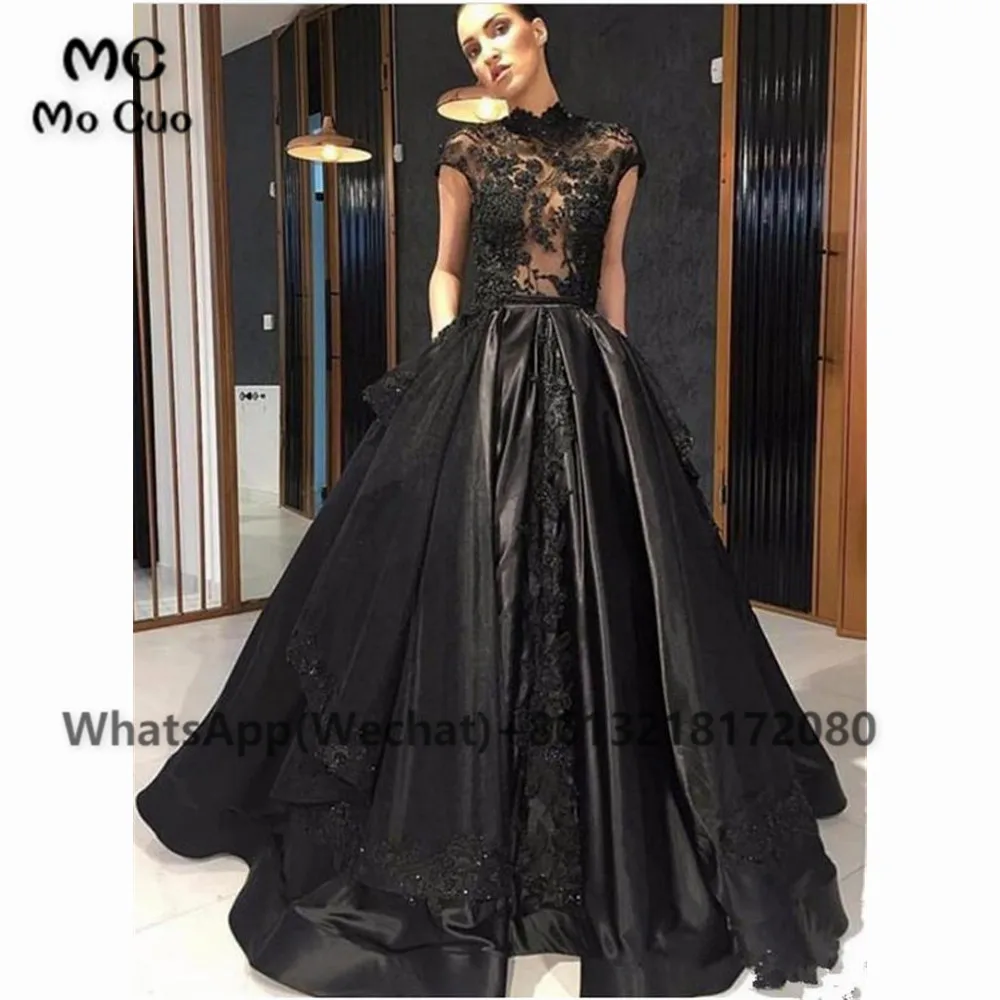 

Stunning Illusion Black Evening Prom Pageant Dress with Lace Appliques Sweep Train Women's Evening Gown Custom Made