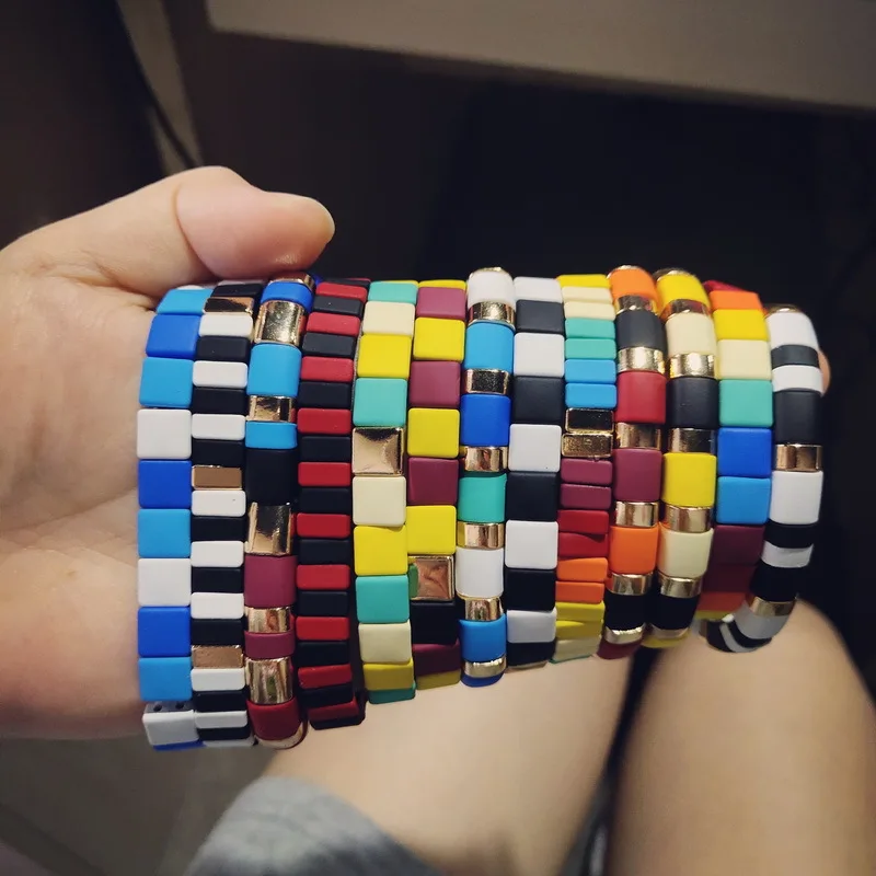 

New Fashion Bracelet Accessories Color Rectangular Alloy Paint Beads Beaded Elastic Bracelet Couple Style