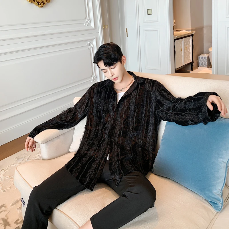 Men Vintage Fashion Black Gray Lace Velvet Striped Loose Long Sleeve Casual Shirt Male Women Streetwear Hip Hop Dress Shirts | Мужская
