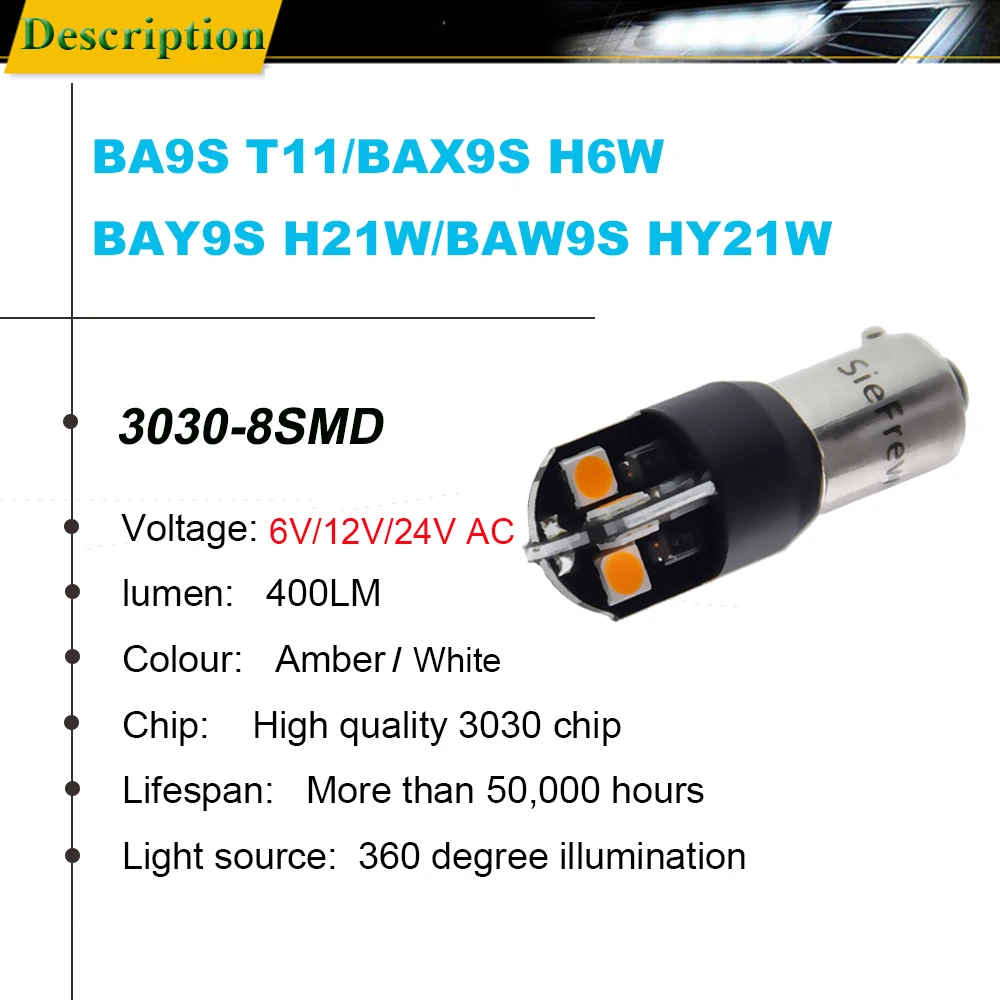 2x H21W BAY9S BA9S T4W T11 BAX9S H6W BAW9S HY21W светодиодная автомобильная лампа заднего хода и поворотного сигнала белого и янтарного цвета, 6В 12В 24В переменного тока.