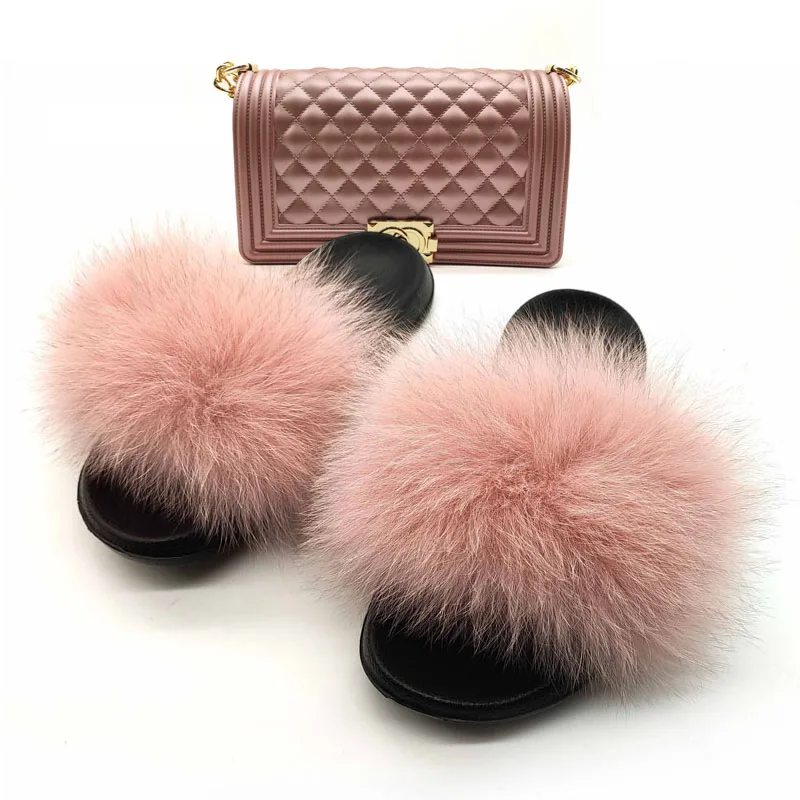 

New Real Fox Fur Slides Women's Fashion Solid Jelly Color Purses Foxes Hair Furry Sandals Shoulder Bags Set Casual Slippers