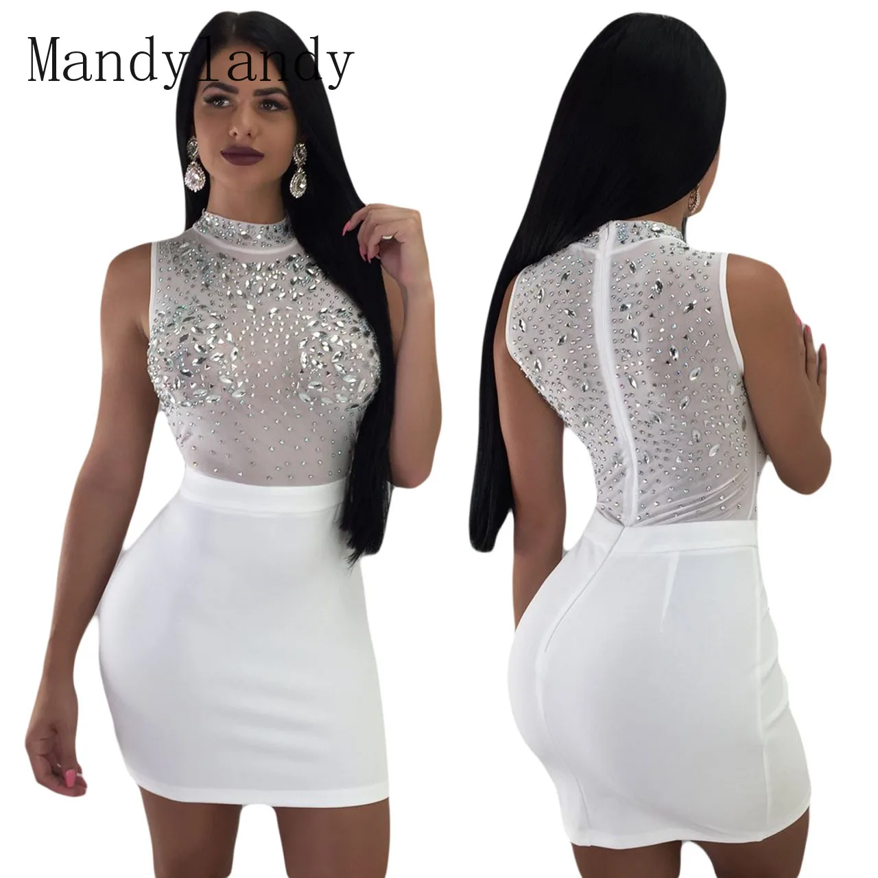 

Mandylandy Spring and Summer Fashion Slim Fit Patchwork Dress Women's Sexy Diamonds Sleeveless O-Neck Slim High Waist Dress