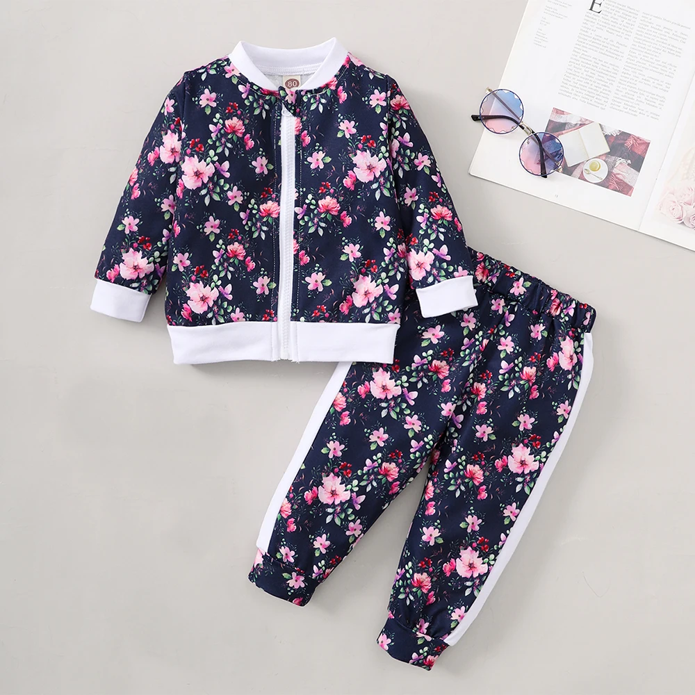 

Baby Clothes 2 Pieces Girls Floral Zip Spliced Long Sleeve Round Neck Polyester Elastic Waist Knitted Spring/Autumn Sports Suits