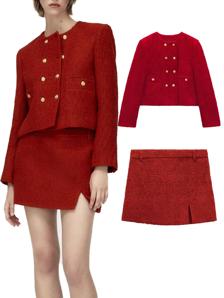 

Women's suit 2021 Suits with skirt Fashion Texture Office Double breasted Blazer Coat High waist Mini skirt Chic two Piece Set